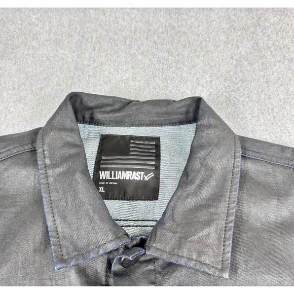 William Rast Denim Jacket Men's XL‎ Black Waxed Biker Jean Button Raw Trucker